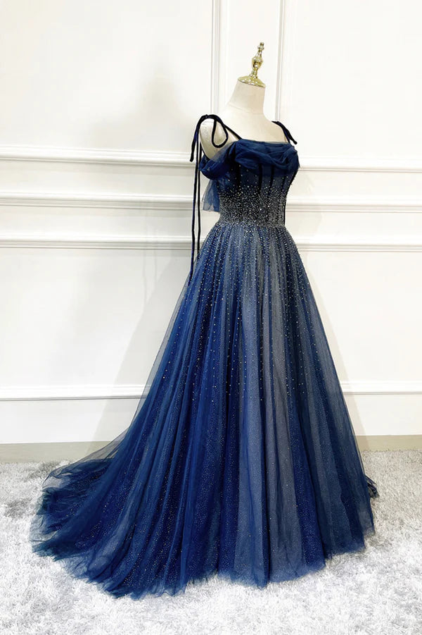 Blue Tulle Beaded Long A-Line Prom Dress Blue Spaghetti Straps Evening Dress