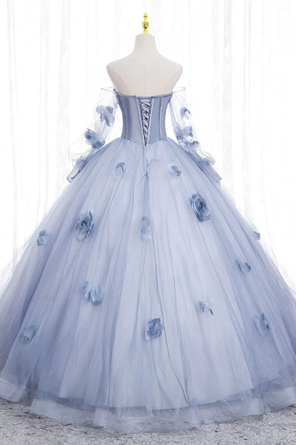 Blue Tulle Long Sleeves Formal Dress with Flowers Blue A-Line Prom Dress
