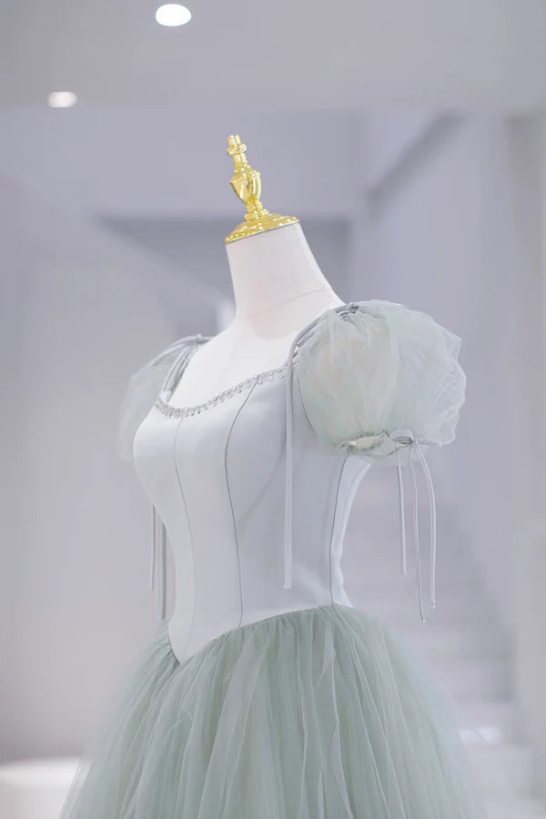 Lovely Tulle Floor Length Prom Dress A-Line Short Sleeve Evening Party Dress