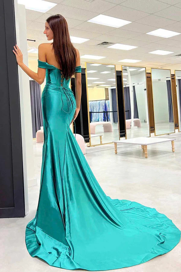 Mermaid Off-the-Shoulder Long Prom Dress Green Satin Corset High Slit Evening Dress