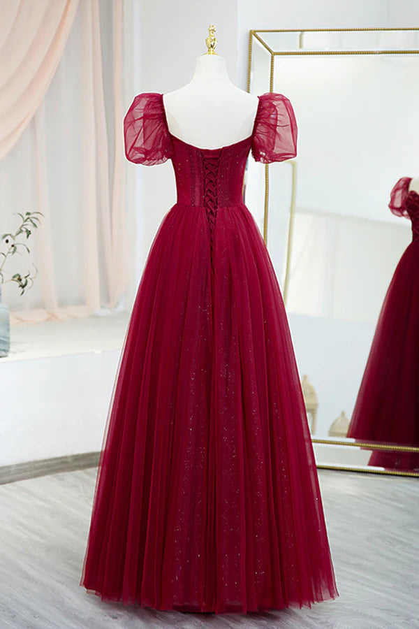 Burgundy Tulle Beaded Long Prom Dress A-Line Short Sleeve Evening Dress