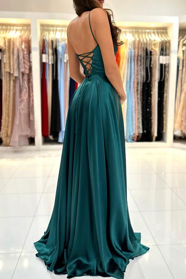 Green Satin Long Prom Dress Simple A-Line Evening Dress