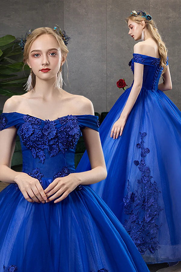 Blue Lace Long A-Line Ball Gown Blue Off the Shoulder Formal Evening Dress