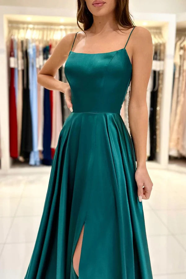 Green Satin Long Prom Dress Simple A-Line Evening Dress