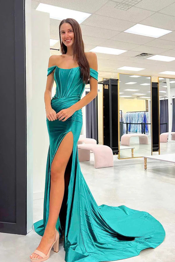 Mermaid Off-the-Shoulder Long Prom Dress Green Satin Corset High Slit Evening Dress