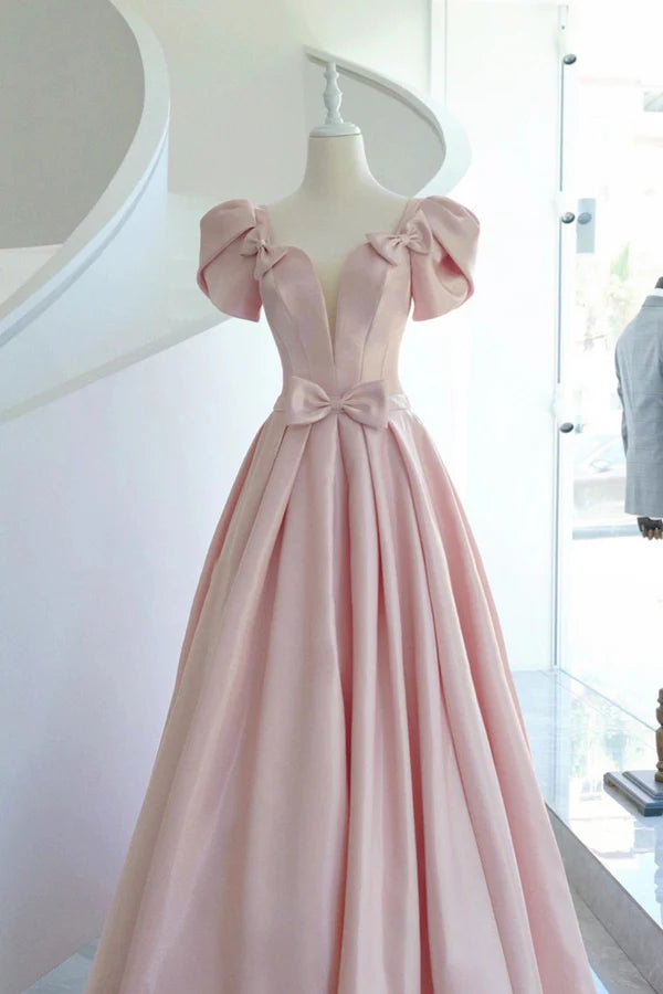Pink Satin Long Prom Dress Beautiful A-Line Evening Dress with Bow