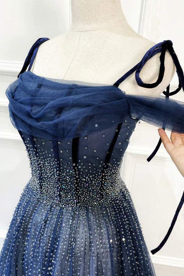 Blue Tulle Beaded Long A-Line Prom Dress Blue Spaghetti Straps Evening Dress