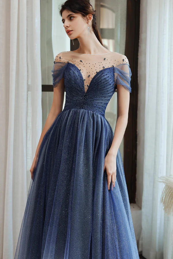 Blue Scoop Tulle Long Formal Dress A-Line Evening Party Dress