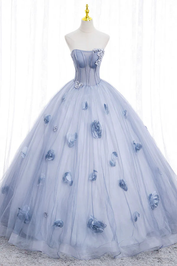 Blue Tulle Long Sleeves Formal Dress with Flowers Blue A-Line Prom Dress