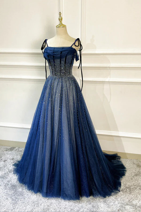 Blue Tulle Beaded Long A-Line Prom Dress Blue Spaghetti Straps Evening Dress
