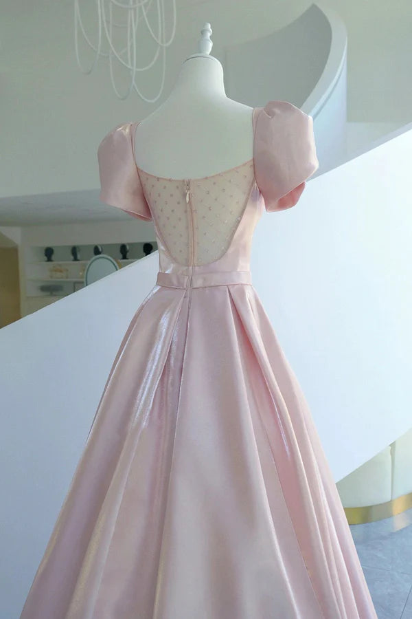 Pink Satin Long Prom Dress Beautiful A-Line Evening Dress with Bow