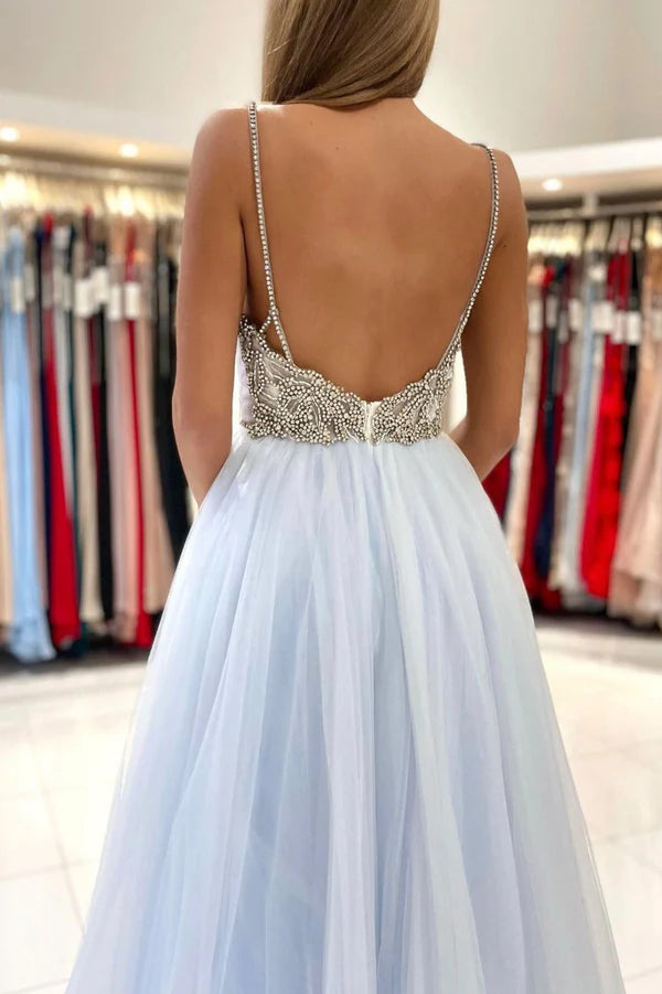 Blue V-Neck Tulle Long Prom Dress A-Line Spaghetti Straps Evening Party Dress