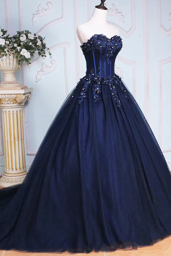 Dark Blue Tulle Lace Princess Dress Beautiful A-Line Strapless Long Prom Dress