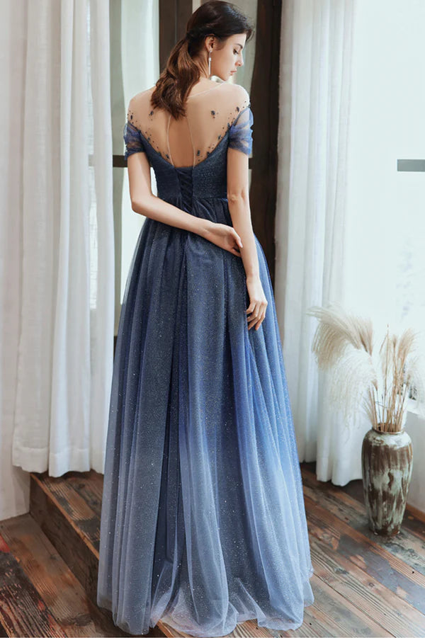 Blue Scoop Tulle Long Formal Dress A-Line Evening Party Dress