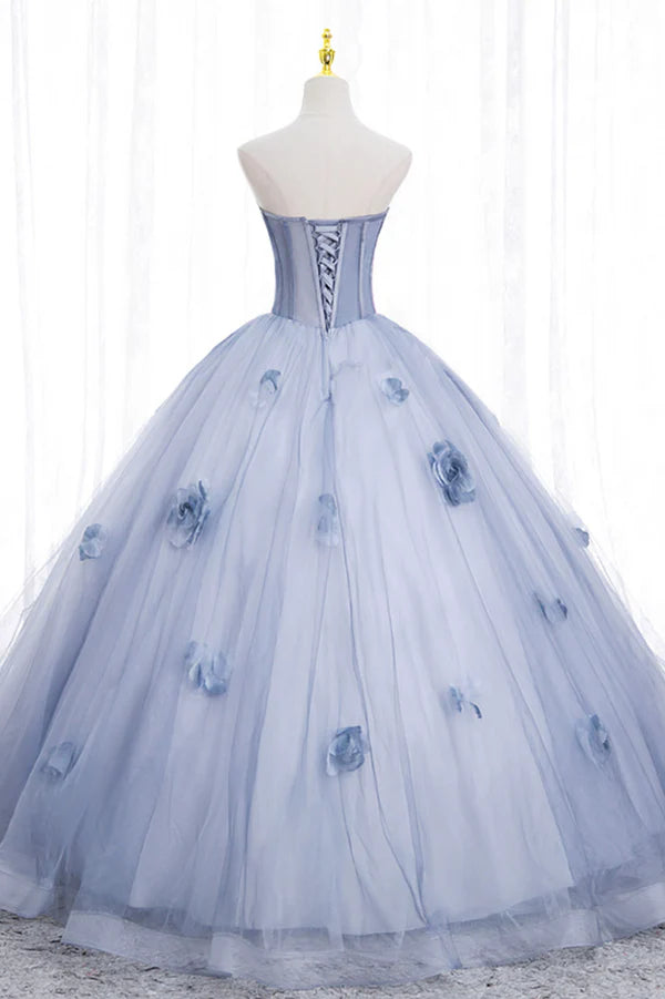 Blue Tulle Long Sleeves Formal Dress with Flowers Blue A-Line Prom Dress