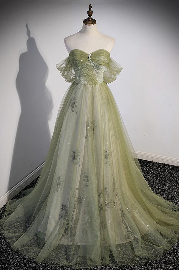 Green Tulle Sweetheart Neckline Long Prom Dress Green Strapless Evening Dress