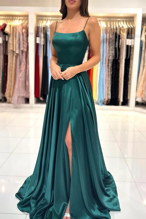 Green Satin Long Prom Dress Simple A-Line Evening Dress