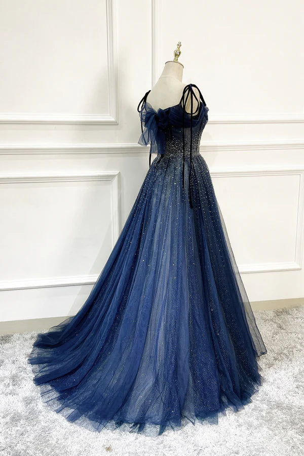 Blue Tulle Beaded Long A-Line Prom Dress Blue Spaghetti Straps Evening Dress