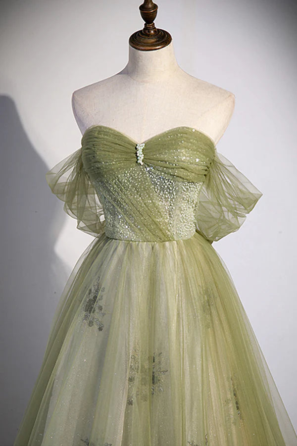 Green Tulle Sweetheart Neckline Long Prom Dress Green Strapless Evening Dress