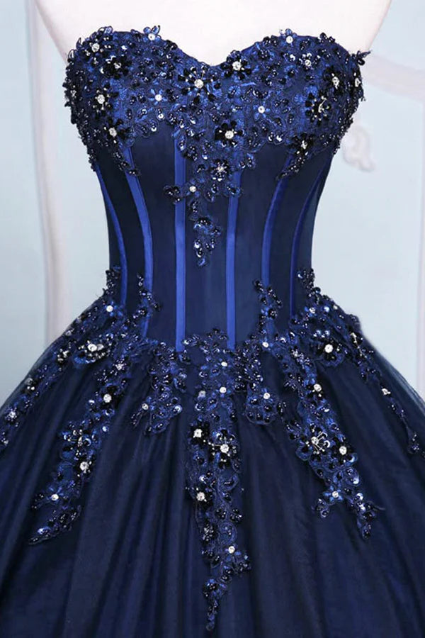 Dark Blue Tulle Lace Princess Dress Beautiful A-Line Strapless Long Prom Dress