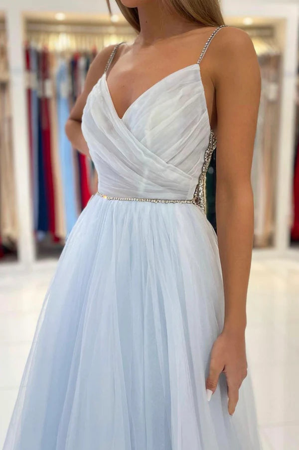 Blue V-Neck Tulle Long Prom Dress A-Line Spaghetti Straps Evening Party Dress