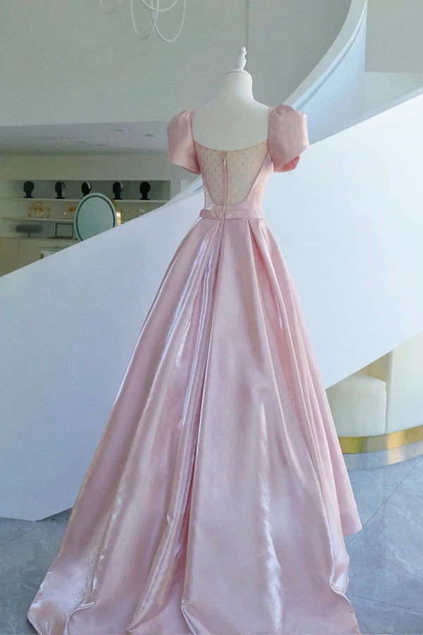 Pink Satin Long Prom Dress Beautiful A-Line Evening Dress with Bow