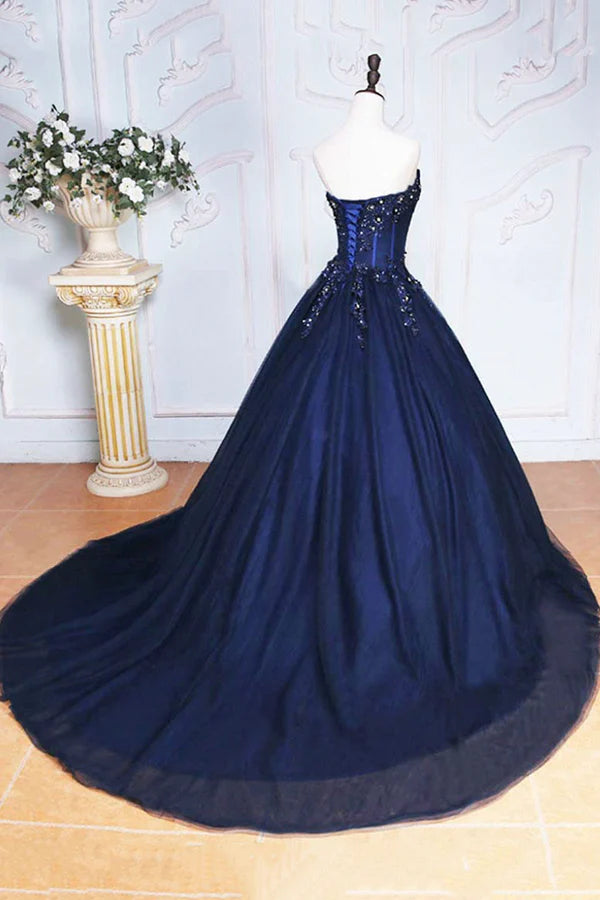 Dark Blue Tulle Lace Princess Dress Beautiful A-Line Strapless Long Prom Dress
