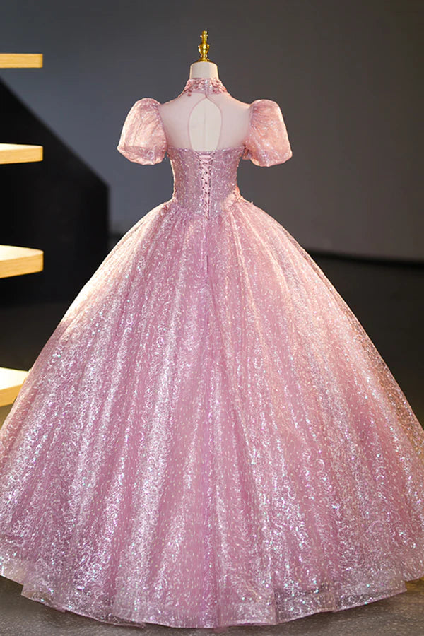 Pink Tulle Lace Princess Dress Beautiful A-Line Evening Dress Sweet 16 Dress