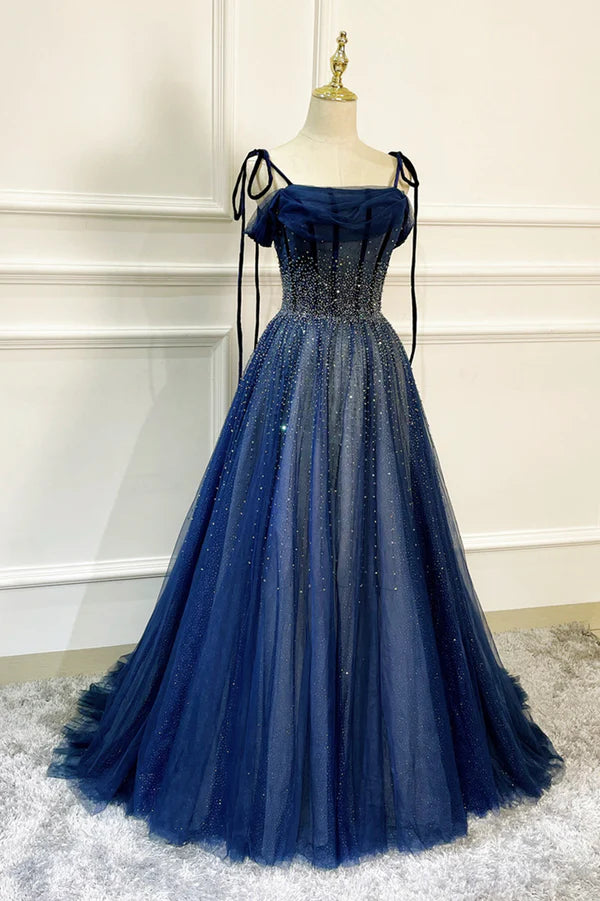 Blue Tulle Beaded Long A-Line Prom Dress Blue Spaghetti Straps Evening Dress