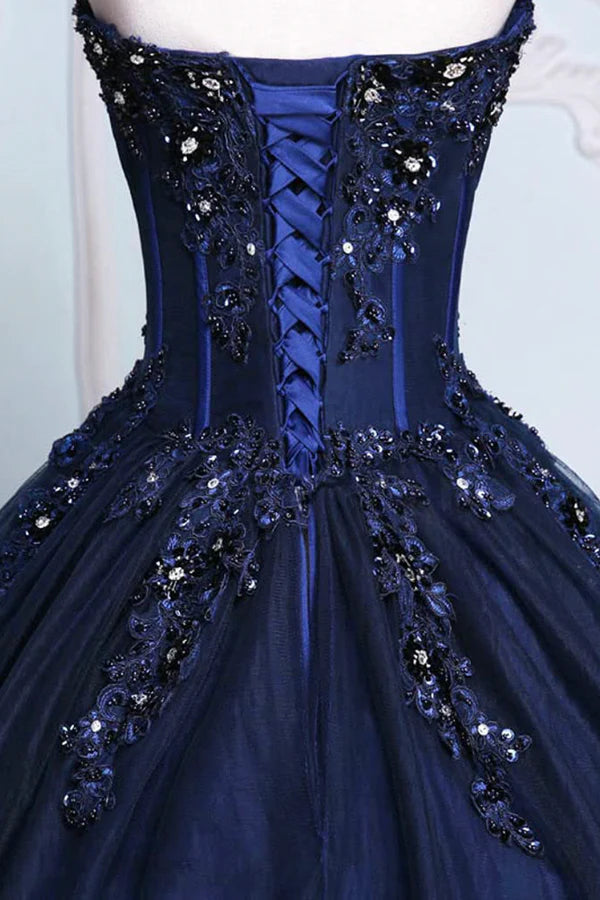 Dark Blue Tulle Lace Princess Dress Beautiful A-Line Strapless Long Prom Dress