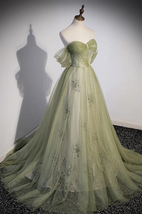 Green Tulle Sweetheart Neckline Long Prom Dress Green Strapless Evening Dress