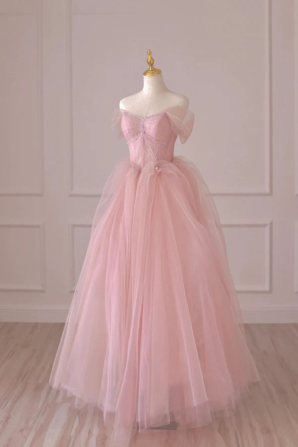 Pink Tulle Lace Long Formal Dress A-Line Off Shoulder Pink Prom Dress