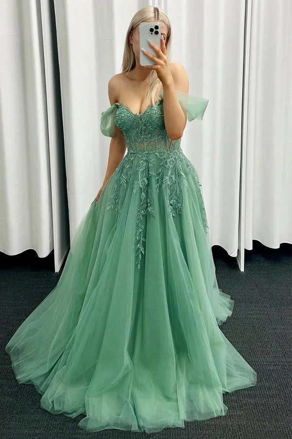 A-Line Tulle Lace Long Prom Dress Green Off the Shoulder Evening Party Dress