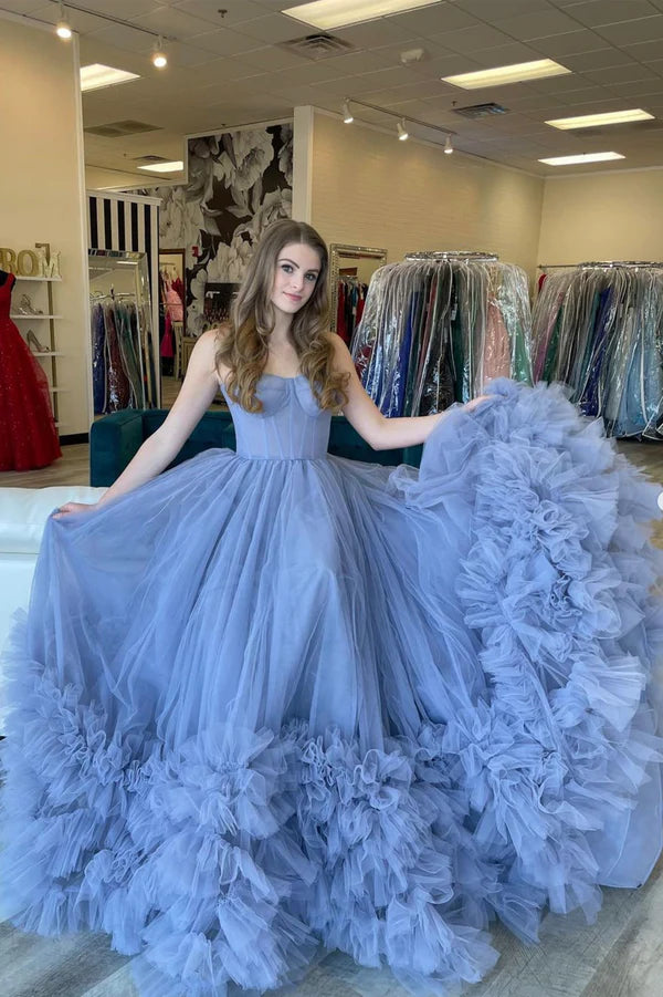 Blue Strapless Tulle Long Prom Dress A-Line Evening Party Dress