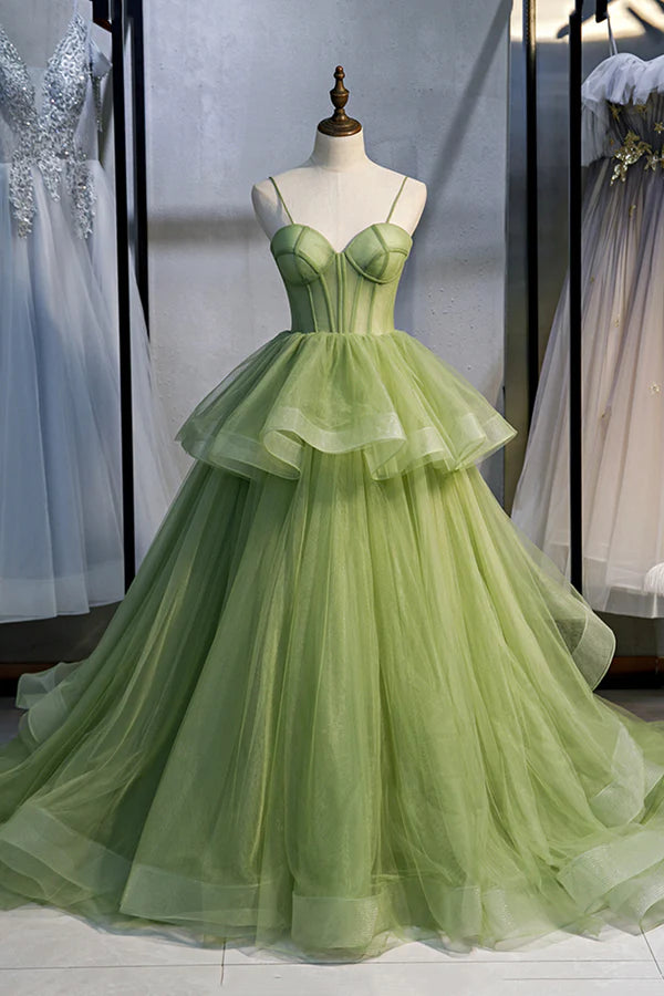 Green Sweetheart Tulle Long Prom Dress Beautiful A-Line Evening Graduation Dress