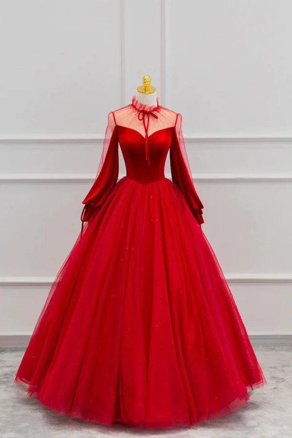 Red Velvet and Tulle Floor Length Prom Dress Long Sleeve Beautiful A-Line Party Dress