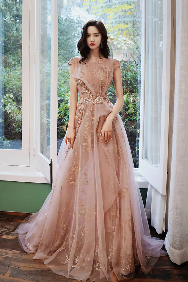 A-Line Tulle Long Prom Dress with Sequins Cute Evening Party Dress