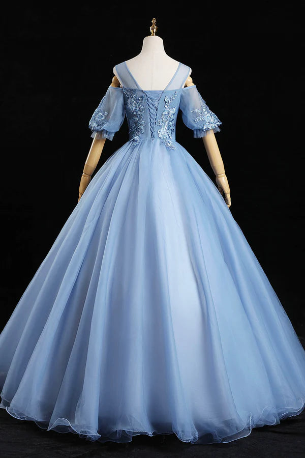 Blue Lace Long A-Line Ball Gown Blue Formal Party Dress