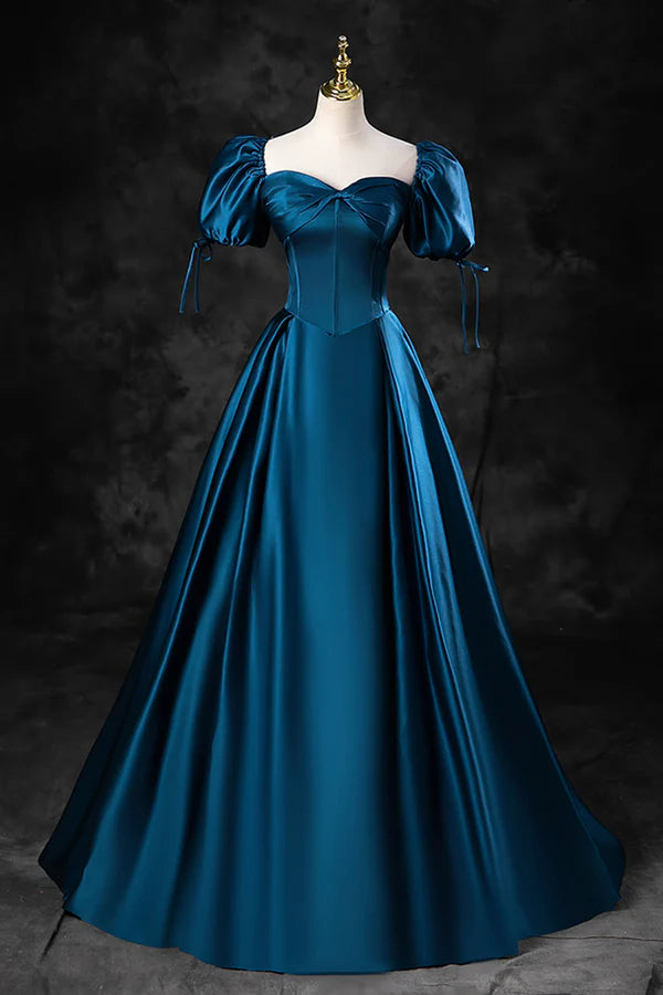 Blue Off the Shoulder Satin Floor Length Prom Dress with Corset Blue Evening Party Dress