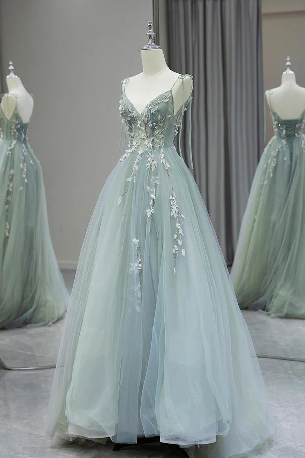 Stylish Spaghetti Strap Tulle Floor Length Formal Dress Gray Green V-Neck Backless Party Dress