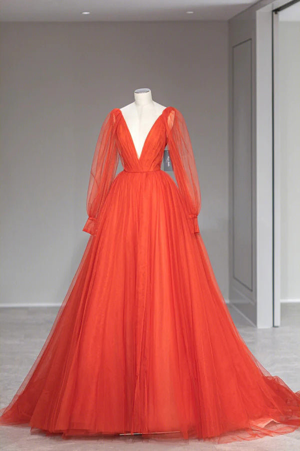 Plunging V-Neck Tulle Floor Length Formal Dress Orange Long Sleeve Prom Dress