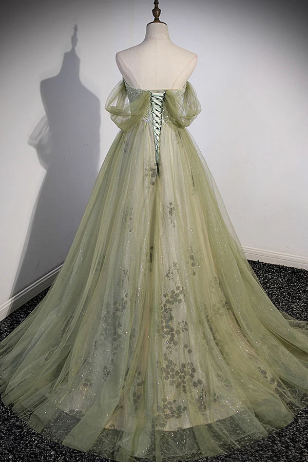 Green Tulle Sweetheart Neckline Long Prom Dress Green Strapless Evening Dress