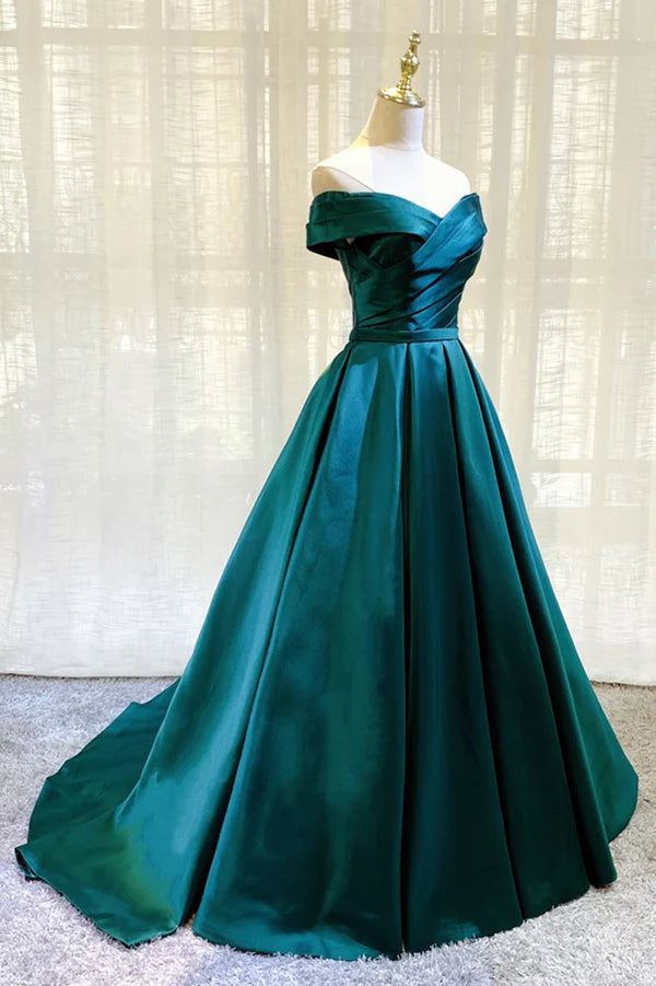 Green Satin Long A-Line Prom Dress Simple Off the Shoulder Evening Dress