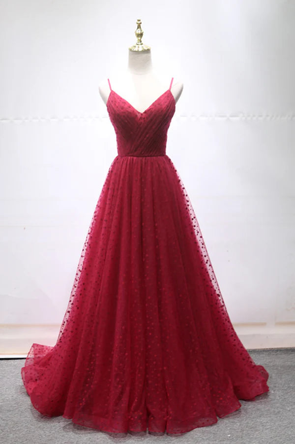 Burgundy V-Neck Tulle Long Prom Dress A-Line Backless Evening Party Dress