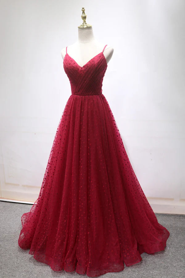 Burgundy V-Neck Tulle Long Prom Dress A-Line Backless Evening Party Dress