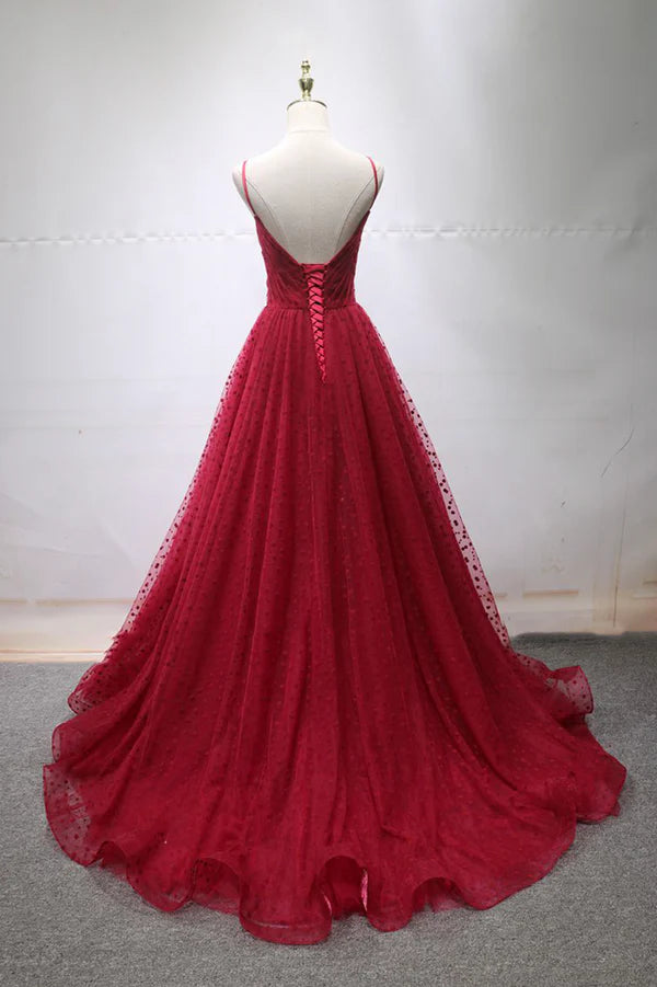 Burgundy V-Neck Tulle Long Prom Dress A-Line Backless Evening Party Dress
