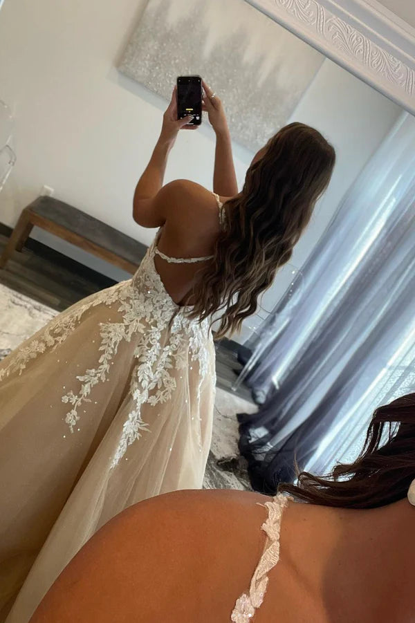 A-Line Tulle Lace Long Prom Dress Lovely V-Neck Evening Party Dress