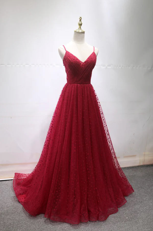 Burgundy V-Neck Tulle Long Prom Dress A-Line Backless Evening Party Dress