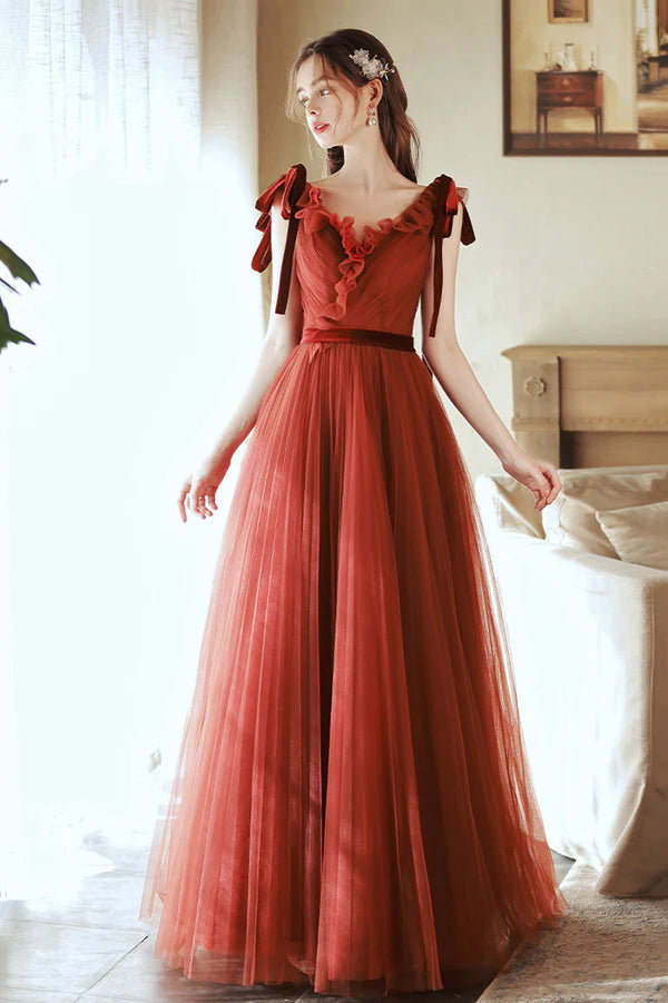 A-Line V-Neck Tulle Long Prom Dress