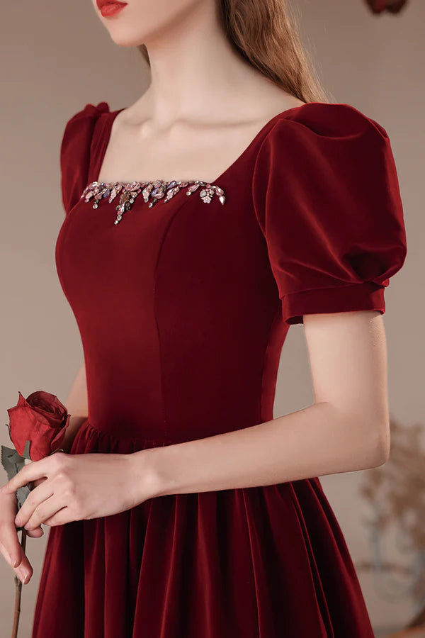 Burgundy Velvet Long Prom Dress Burgundy Short Sleeve Evening Dress